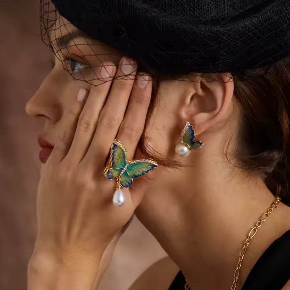 Art Nouveau Butterfly Pearl Jewelry Ring&Earrings Set